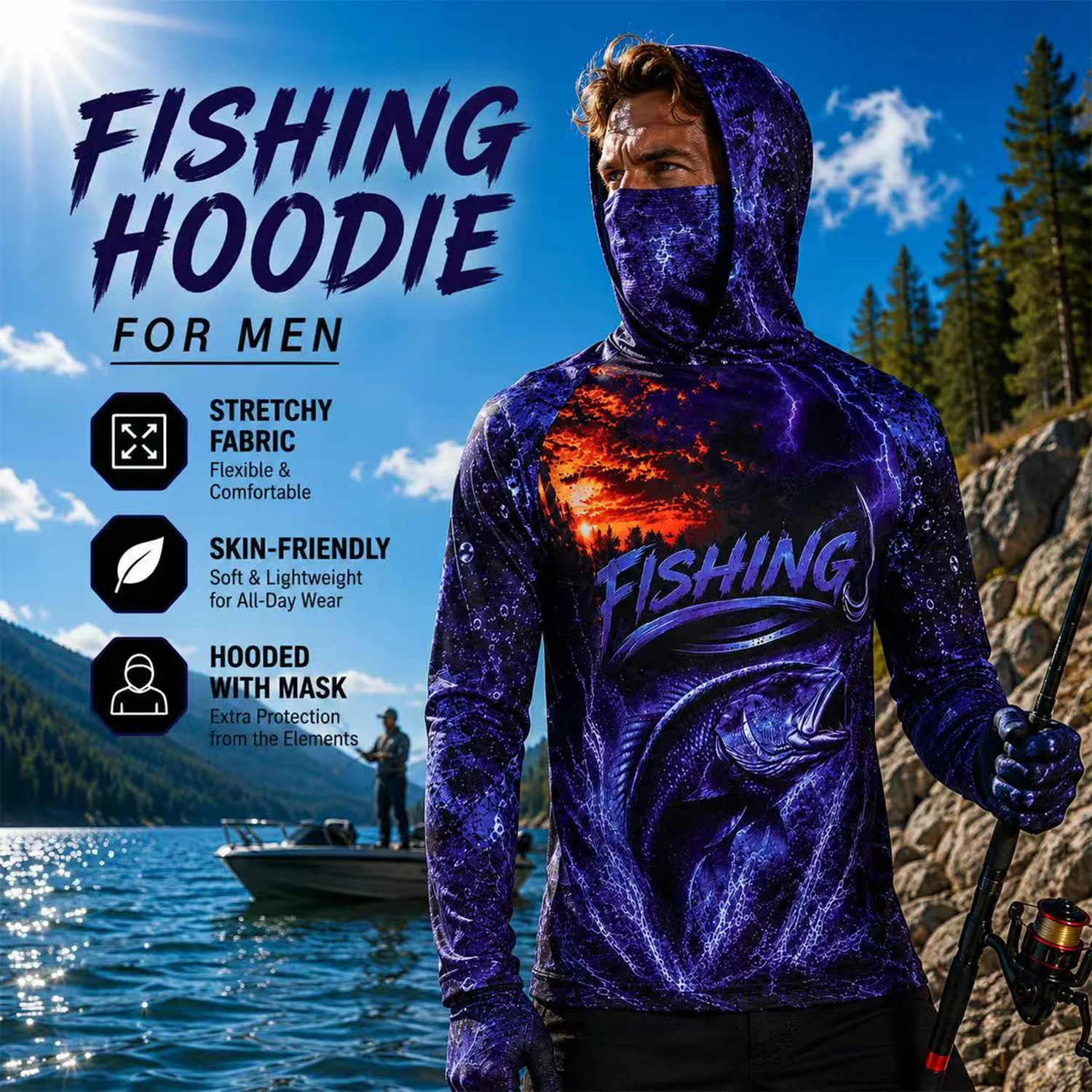 Fishing Shirt Uv Protection - Мужская футболка с капюшоном для рыбалки,